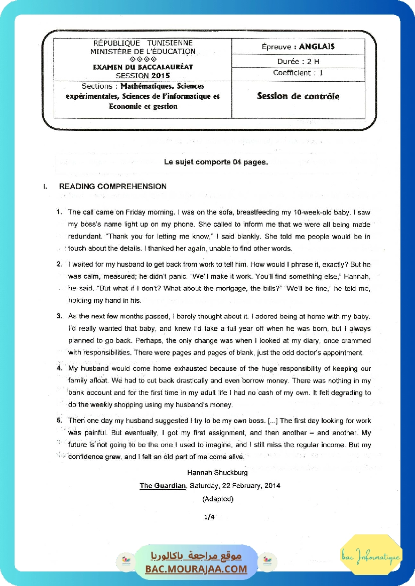 Sujet controle anglais Bac 2015 – Section info